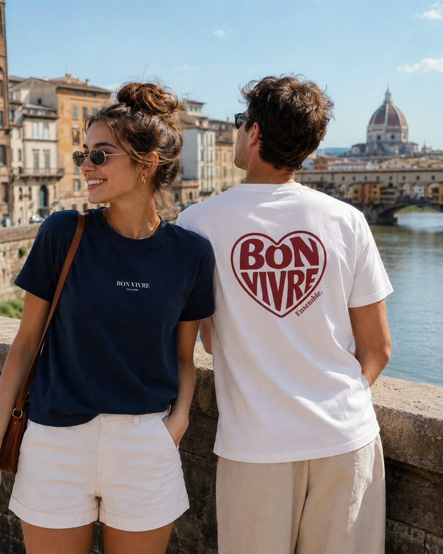 T-shirt Amour Bon Vivre porté par un couple, impression d'un cœur avec Bon Vivre