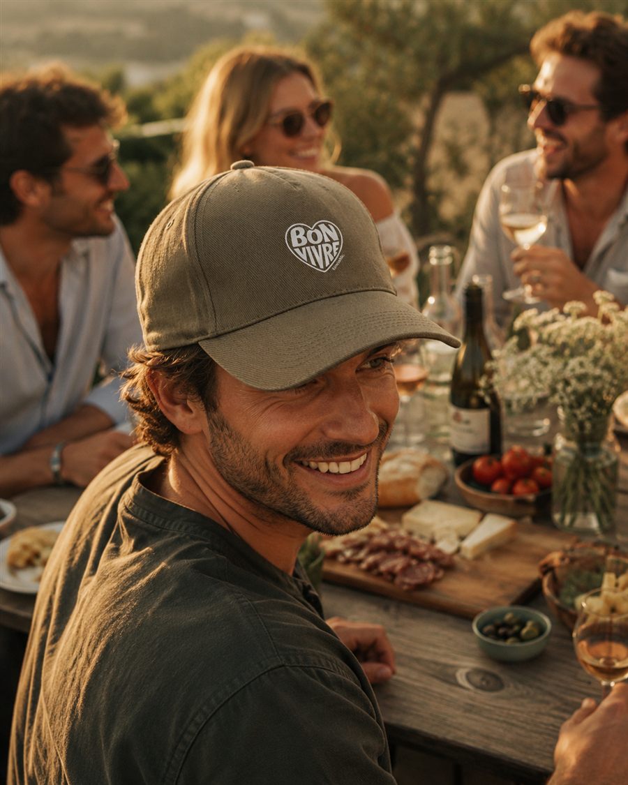 Casquette Bon Vivre coloris kaki, logo cœur brodé, portée à l'apéro entre amis