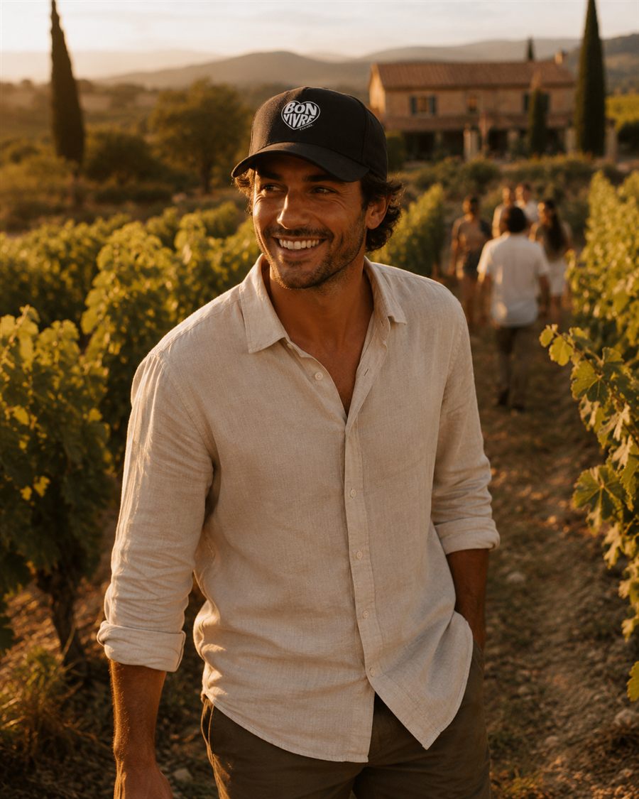 Casquette Bon Vivre coloris noir, logo cœur brodé, portée dans les vignes